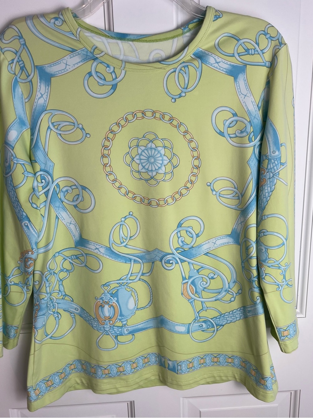 J. McLaughlin Women’s Lime & Blue Patterned 3/4 Sleeve Top